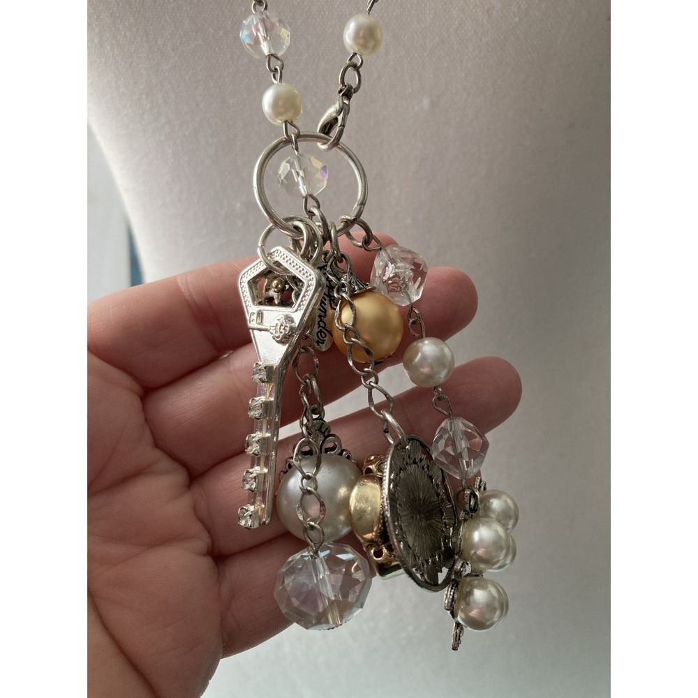 Plunder Silver Tone Charm Pendant Necklace Key Floral Mixed Metal AB Faux Pearl - Picture 5 of 7